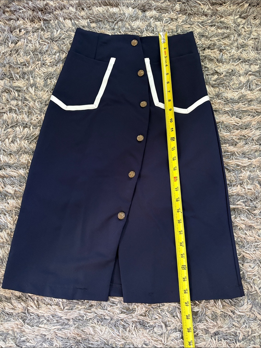NWOT Asymmetrical Cold Shoulder Top & Button Front Midi Skirt Set Navy White S - Picture 11 of 16